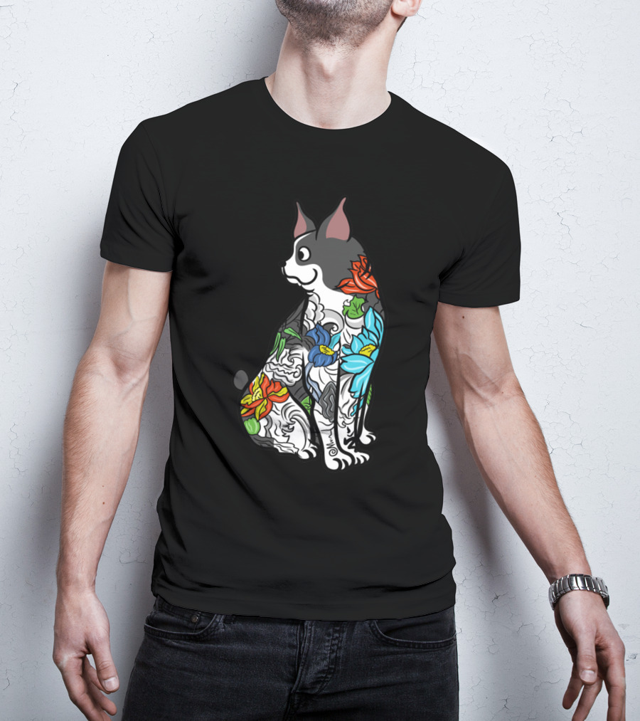 Boston Terrier With Colorful Floral Tattoo T-Shirt