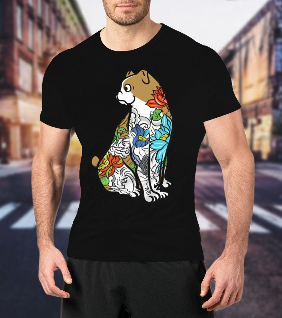 Bulldog Tattoo Floral Pattern Colorful T-Shirt