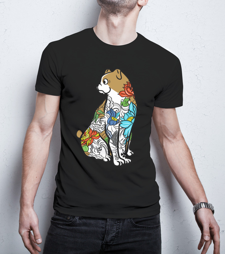 Bulldog Tattoo Floral Pattern Colorful T-Shirt