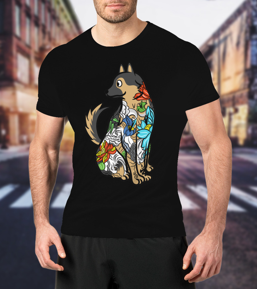 German Shepherd Vibrant Floral Tattoo T-Shirt