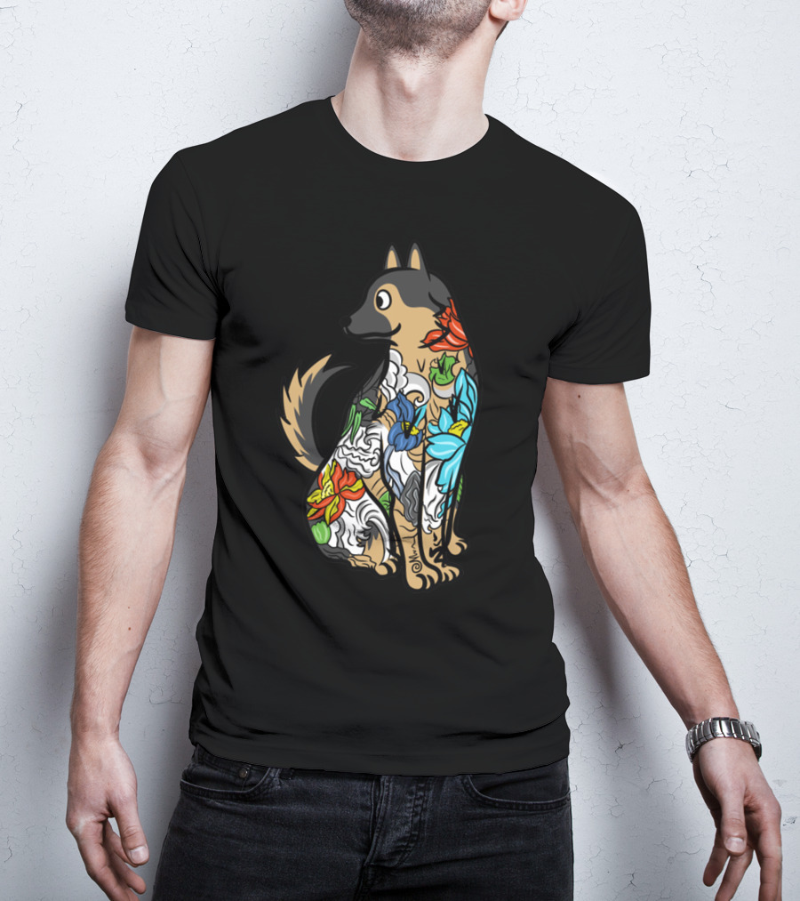 German Shepherd Vibrant Floral Tattoo T-Shirt