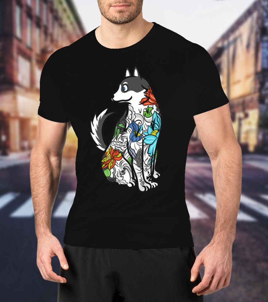 Husky Tattoo Floral Art Pattern In Black And Multicolor T-Shirt