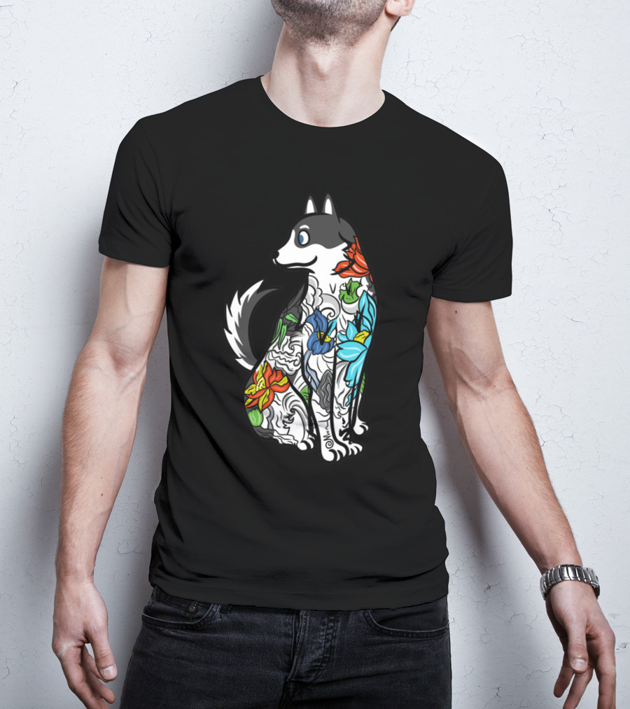 Husky Tattoo Floral Art Pattern In Black And Multicolor T-Shirt