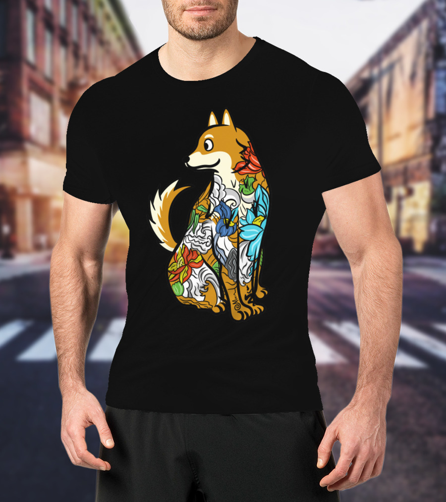 Shiba Inu Tattoo Colorful Floral T-Shirt