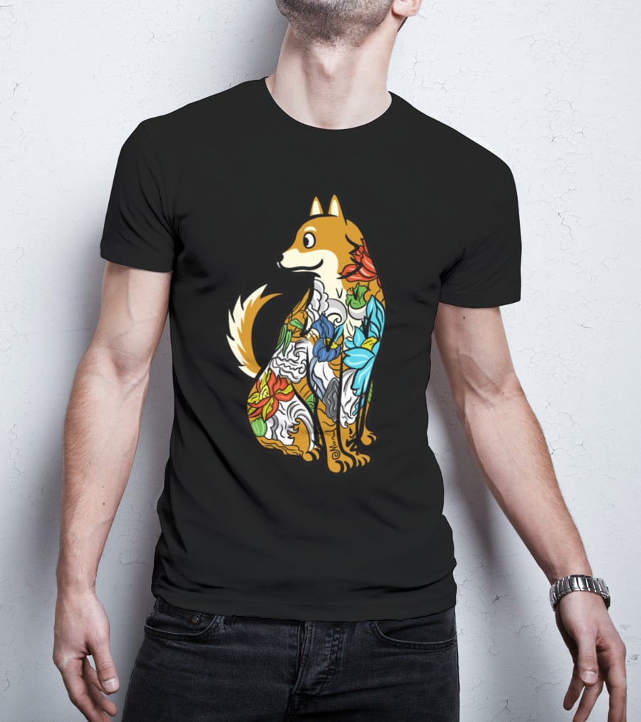 Shiba Inu Tattoo Colorful Floral T-Shirt