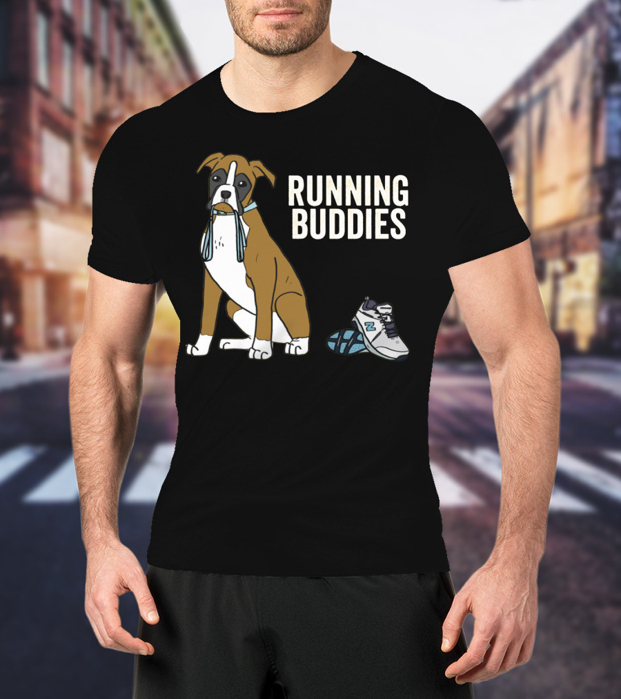 Boxer With Shoe And Running Buddies Text T-Shirt