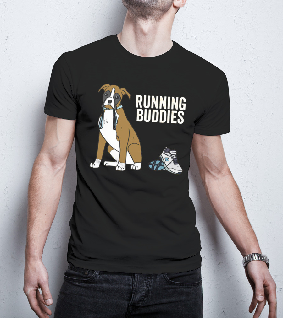 Boxer With Shoe And Running Buddies Text T-Shirt