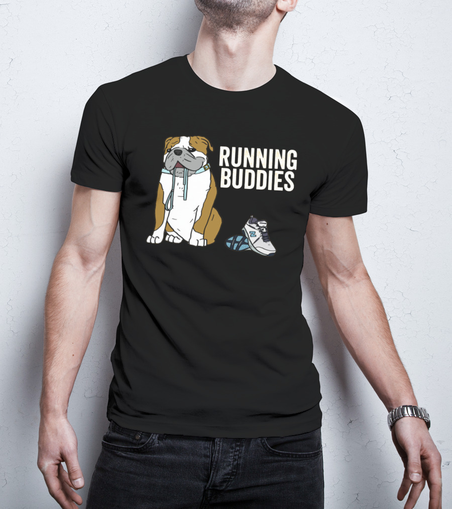 Bulldog And Sneakers Running Buddies With Leash And Shoe Companion T-Shirt