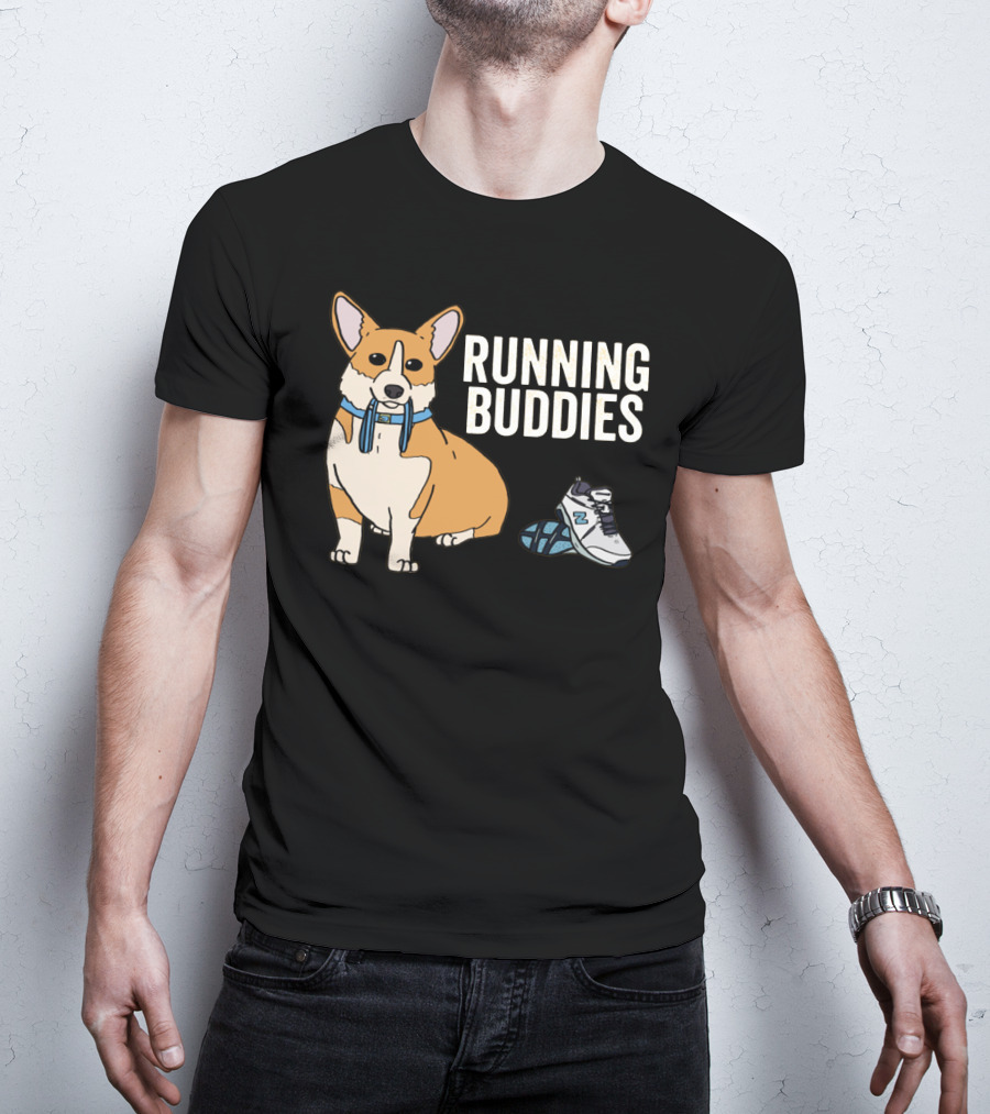 Corgi Running Buddies With Sneakers And Blue Collar T-Shirt
