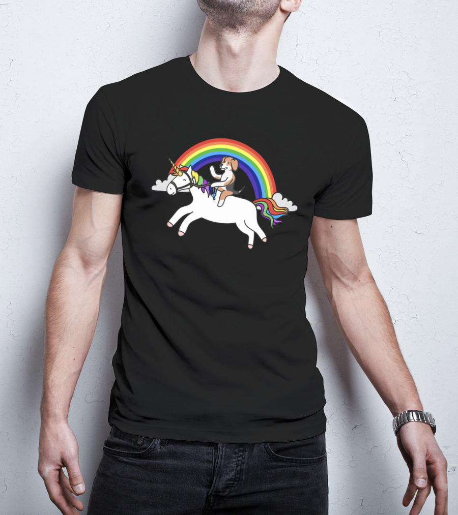 Beagle Riding Unicorn Under Rainbow With Clouds T-Shirt