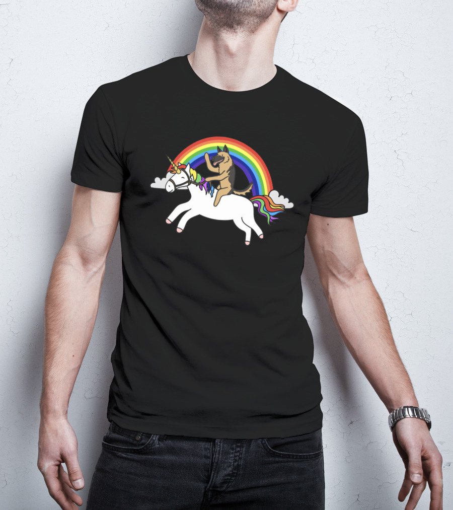 German Shepherd Joyfully Riding A Rainbow Unicorn With Clouds T-Shirt