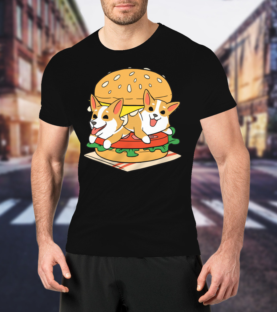 Corgi Burger Delight Double Pup Cheeseburger Fun T-Shirt