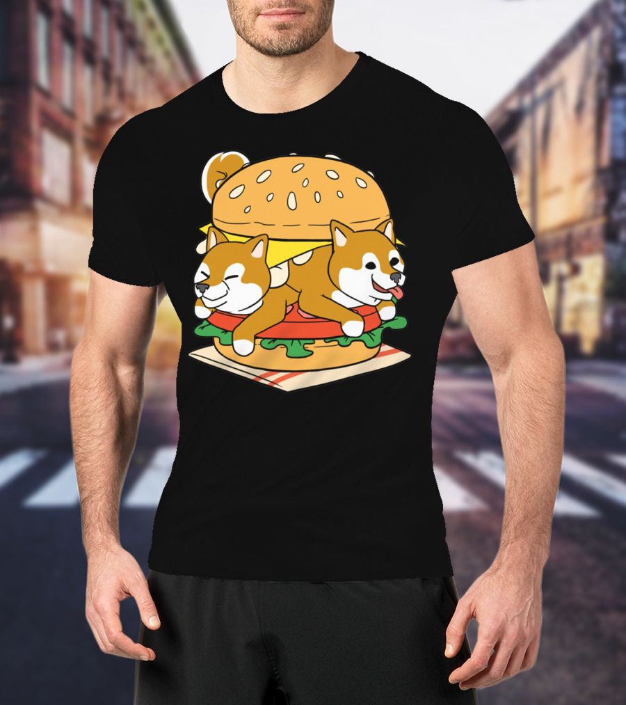 Shiba Inu Hamburger Parody With Cute Dog Duo Inside Cheeseburger Bun T-Shirt