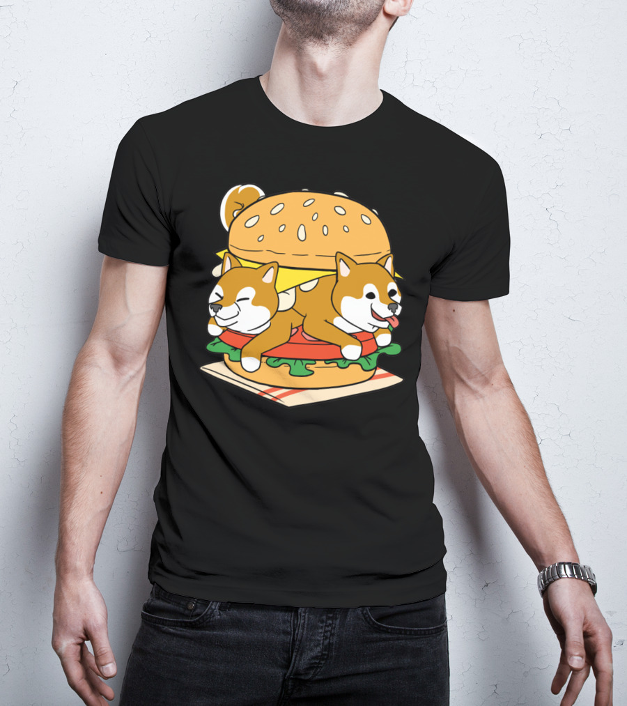 Shiba Inu Hamburger Parody With Cute Dog Duo Inside Cheeseburger Bun T-Shirt
