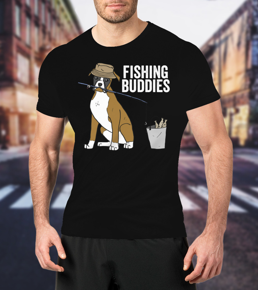 Boxer Dog Fishing Buddies Cartoon With Hat And Fishing Rod T-Shirt