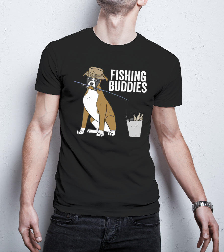 Boxer Dog Fishing Buddies Cartoon With Hat And Fishing Rod T-Shirt