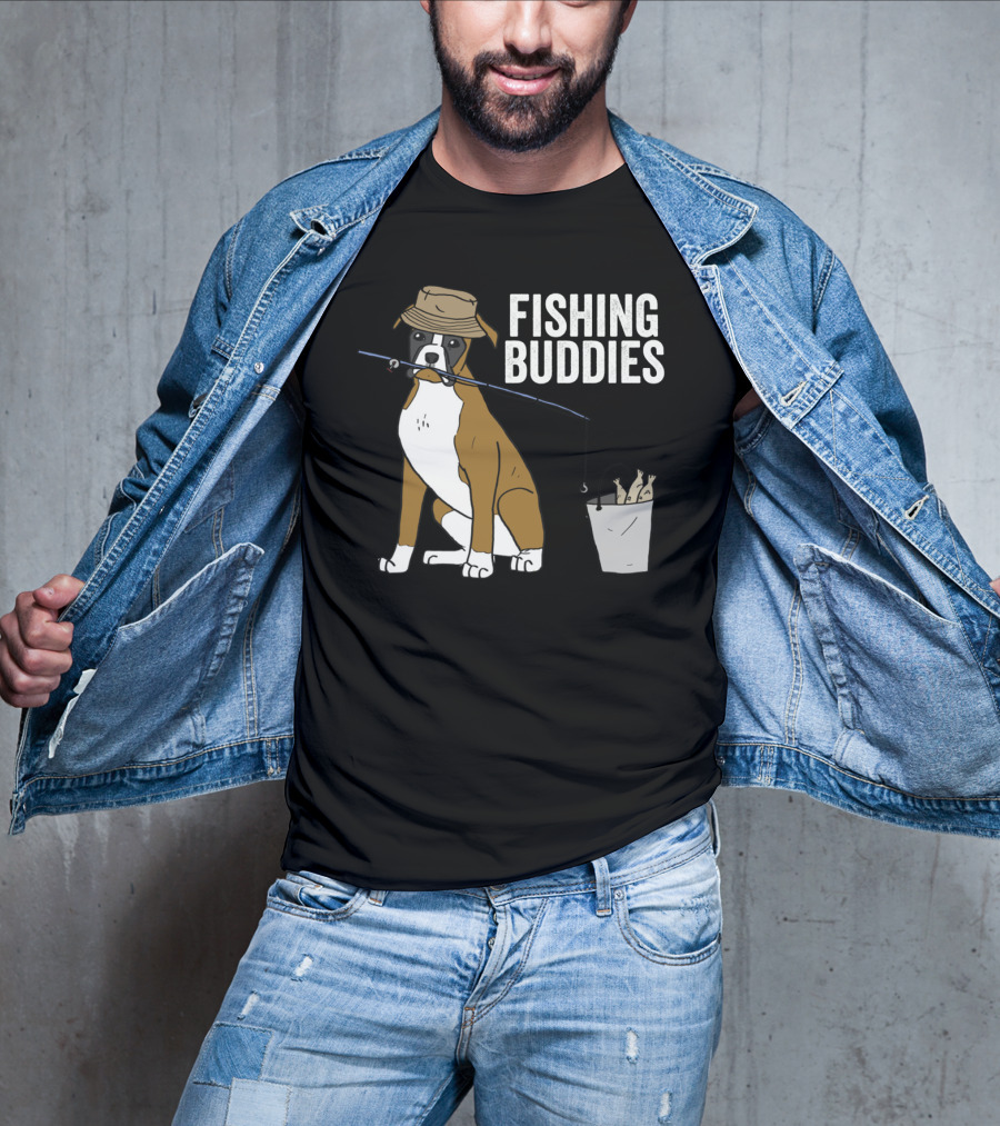 Boxer Dog Fishing Buddies Cartoon With Hat And Fishing Rod T-Shirt