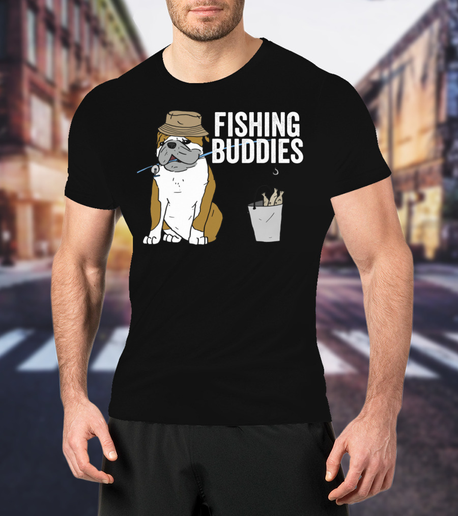Bulldog Wearing Hat With Fishing Hook And Bucket - Fun Fishing Buddies T-Shirt