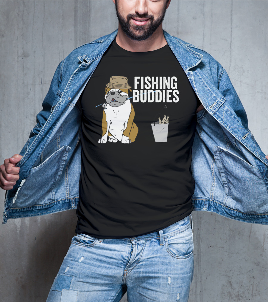 Bulldog Wearing Hat With Fishing Hook And Bucket - Fun Fishing Buddies T-Shirt
