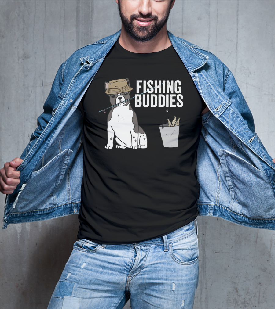 French Bulldog Fishing Buddies With Hat And Fish Bucket T-Shirt