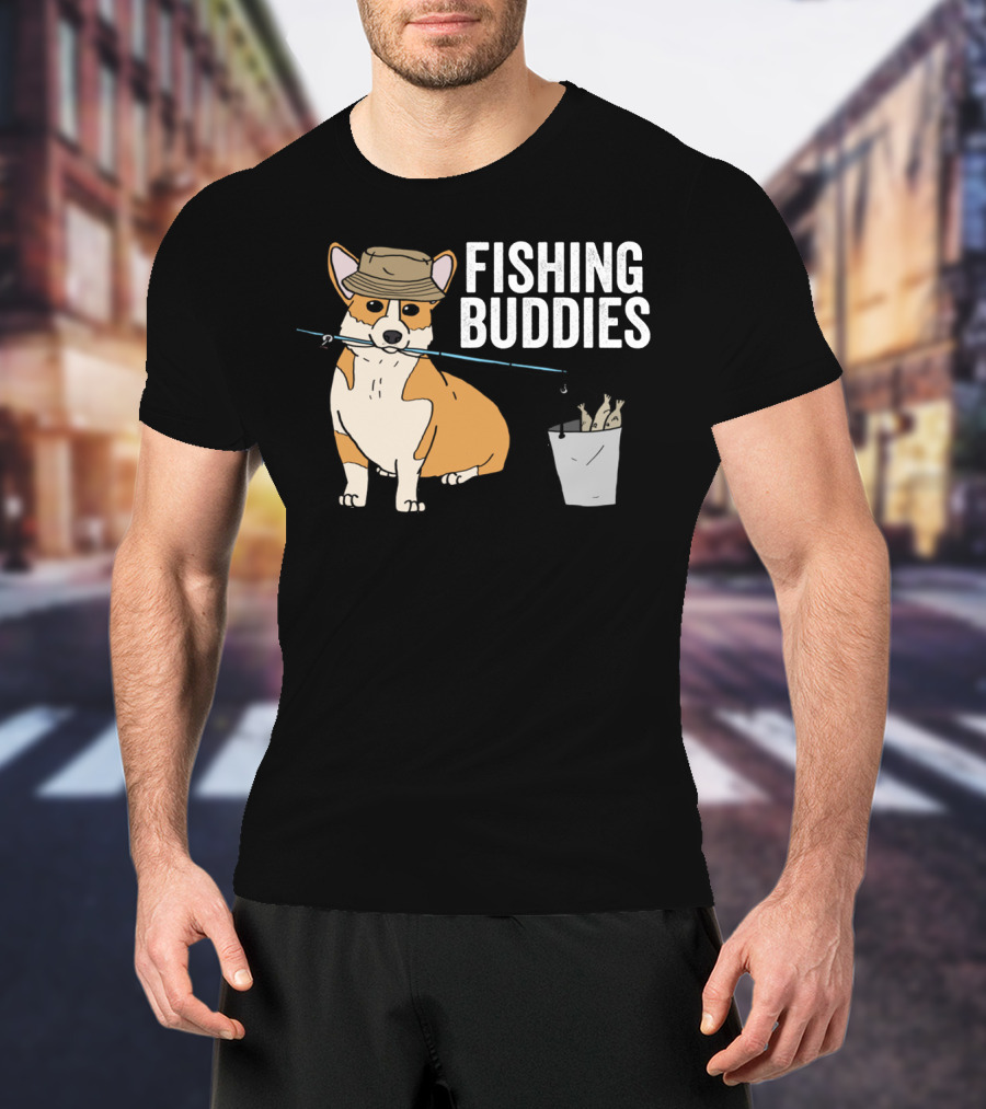 Fishing Buddies Corgi With Fishing Rod And Bucket Of Fish T-Shirt
