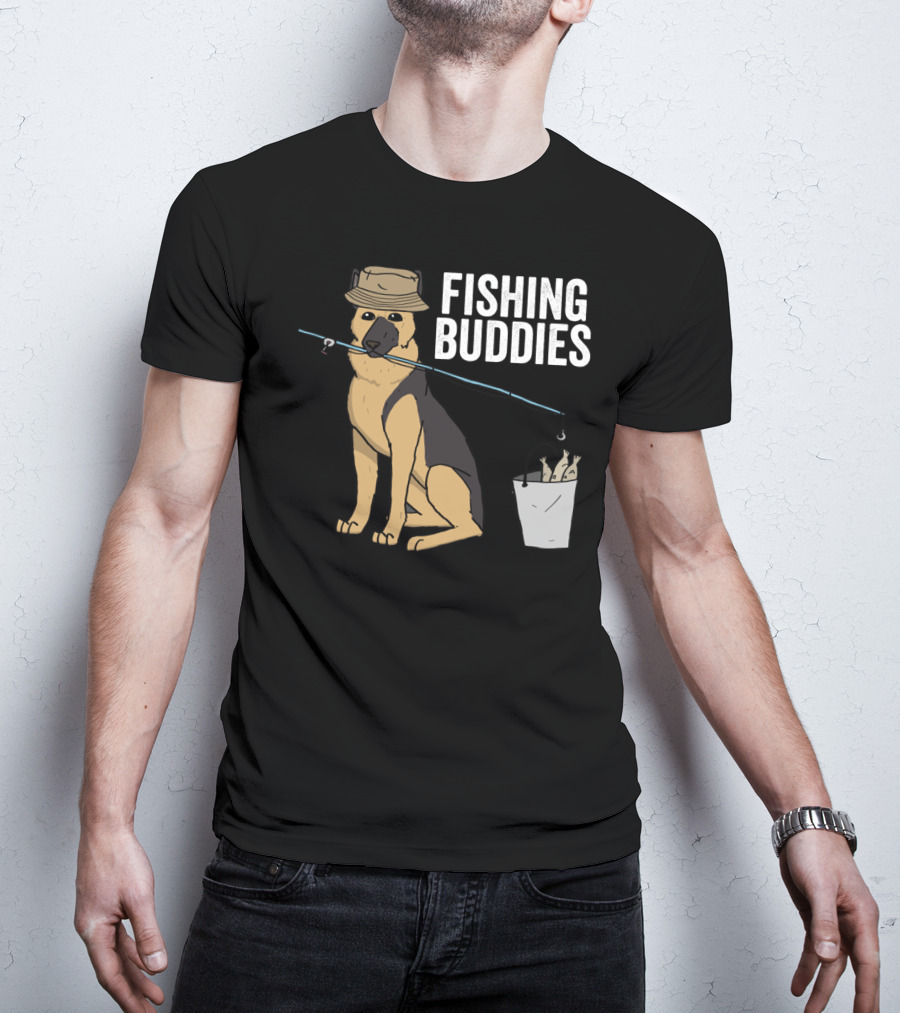 Fishing Buddies German Shepherd Bucket And Fishing Rod T-Shirt