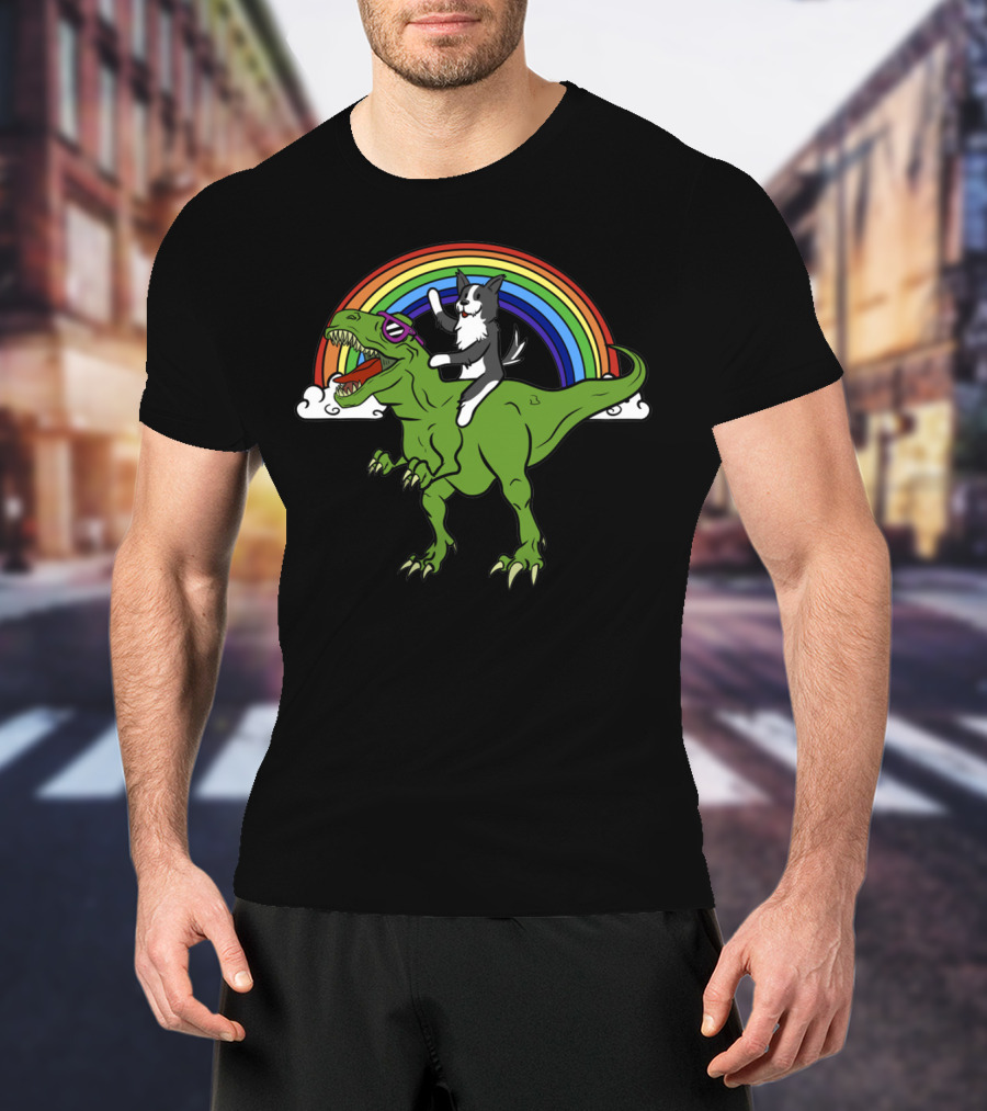 Border Collie Riding T-Rex With Rainbow T-Shirt