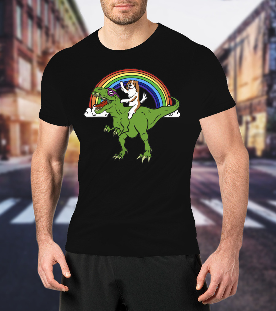 Cavalier Dinosaur With Dog And Rainbow T-Shirt