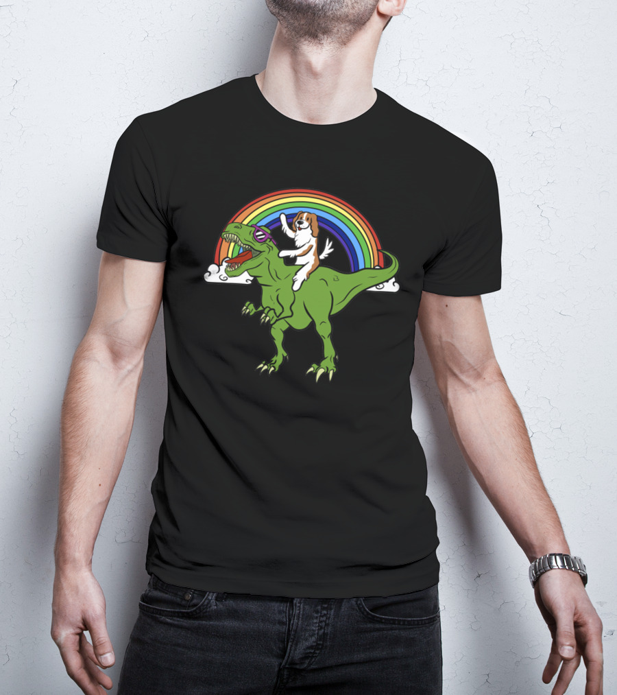 Cavalier Dinosaur With Dog And Rainbow T-Shirt