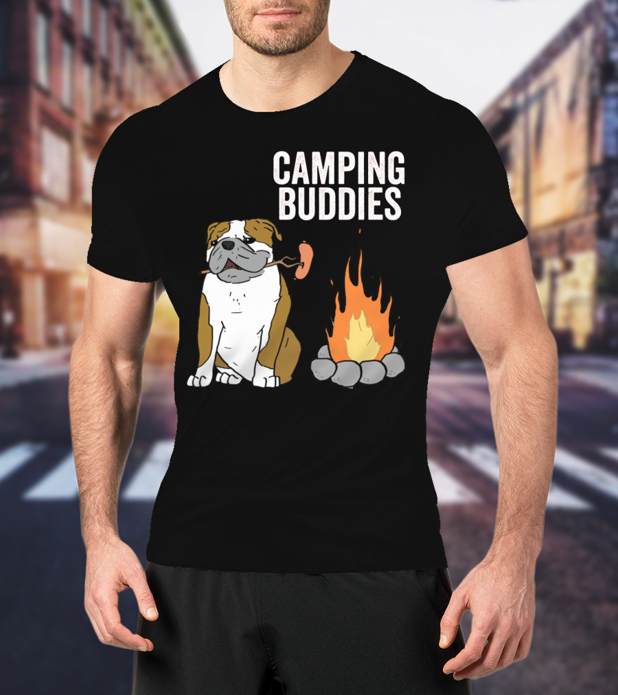 Bulldog Enjoying Campfire With Sausage And Camping Buddies T-Shirt