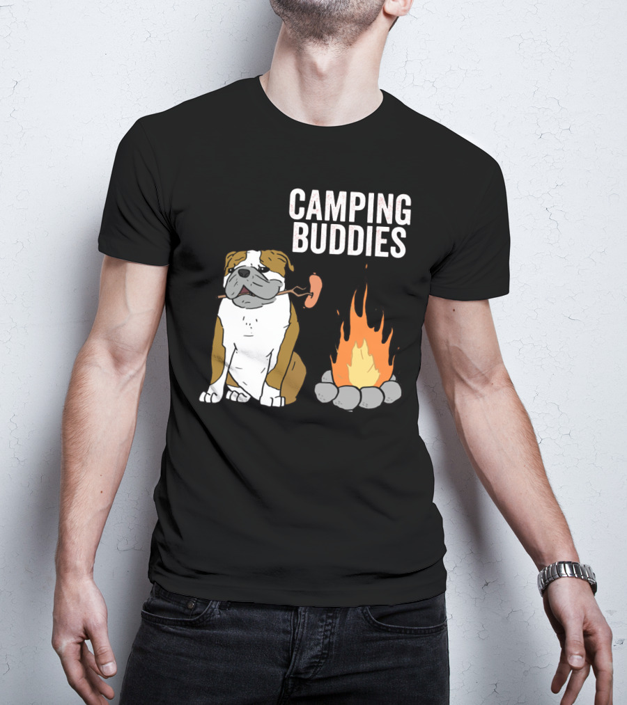 Bulldog Enjoying Campfire With Sausage And Camping Buddies T-Shirt