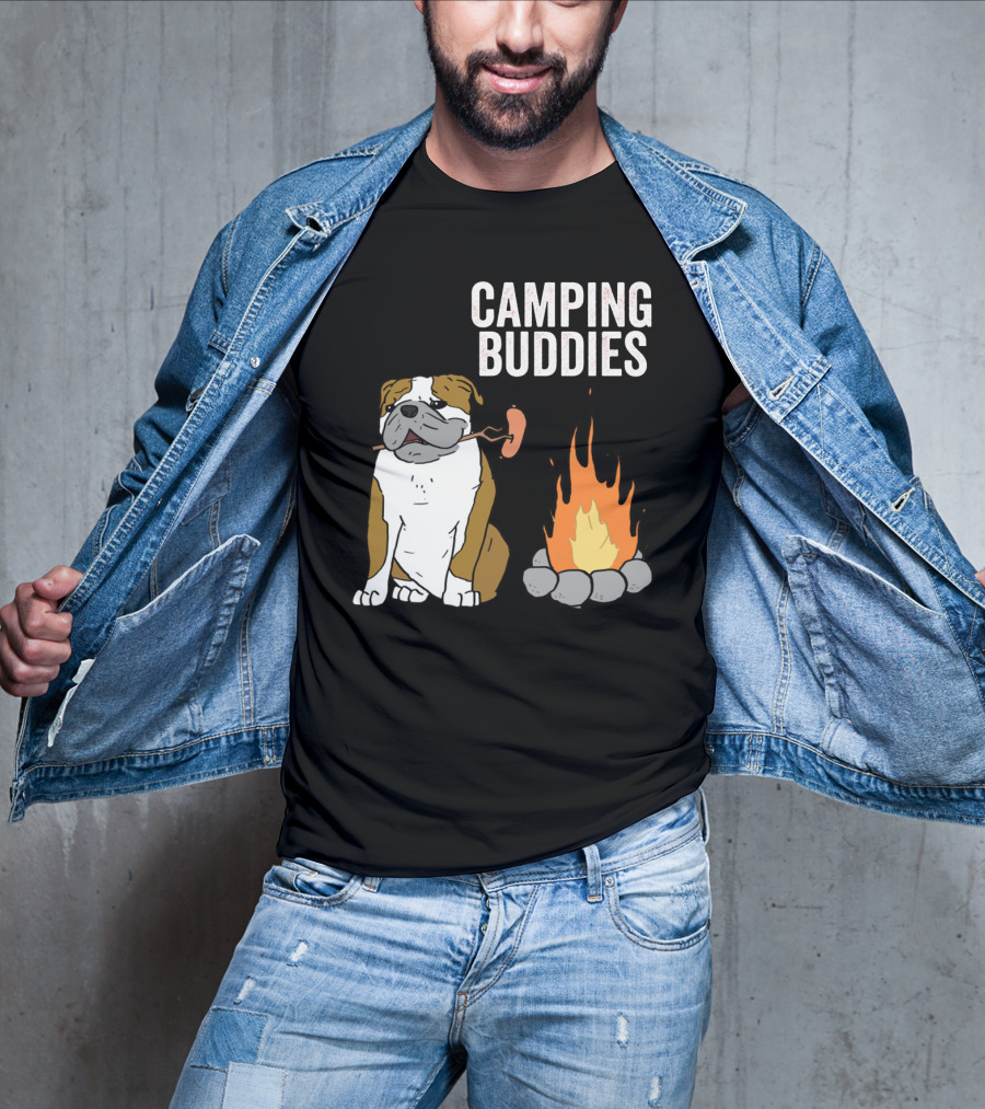 Bulldog Enjoying Campfire With Sausage And Camping Buddies T-Shirt