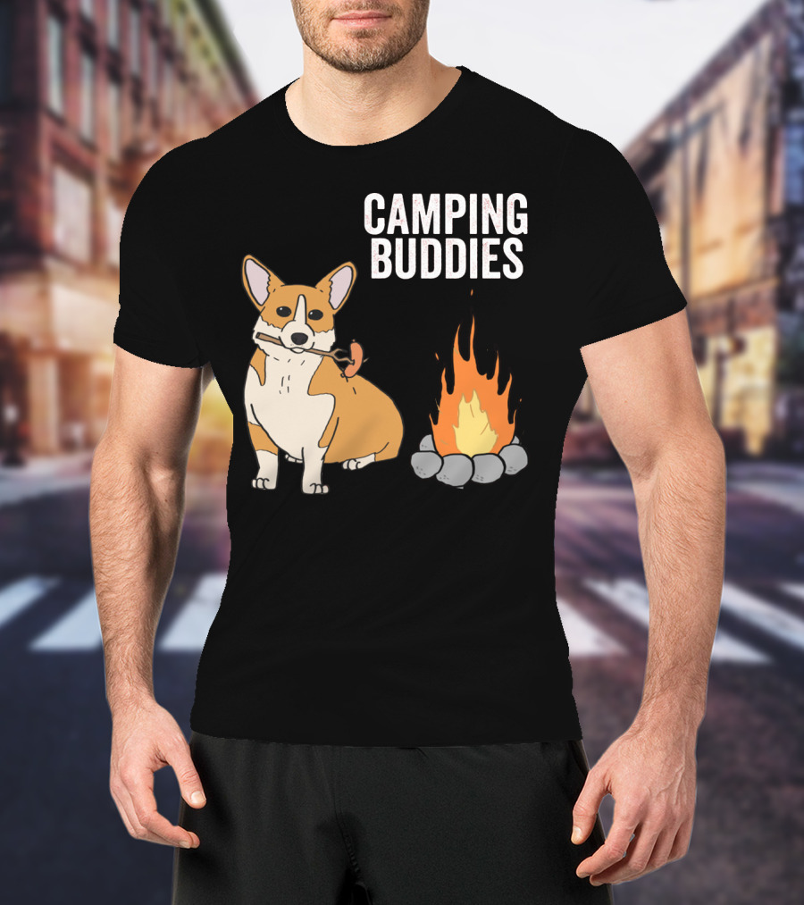 Corgi Roasting Marshmallow By Campfire - Camping Buddies Adventure T-Shirt
