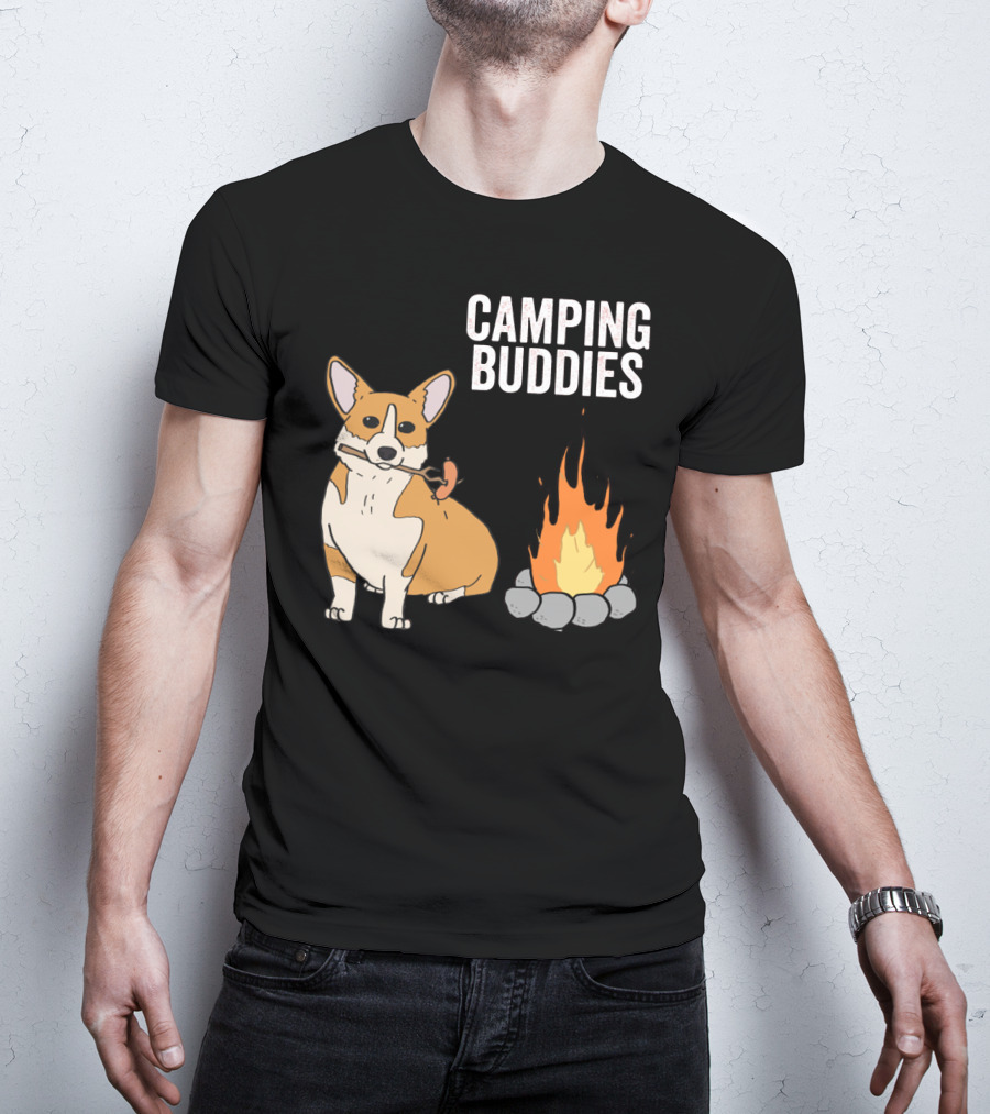Corgi Roasting Marshmallow By Campfire - Camping Buddies Adventure T-Shirt