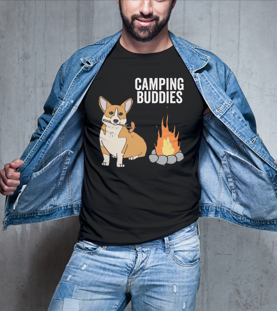 Corgi Roasting Marshmallow By Campfire - Camping Buddies Adventure T-Shirt