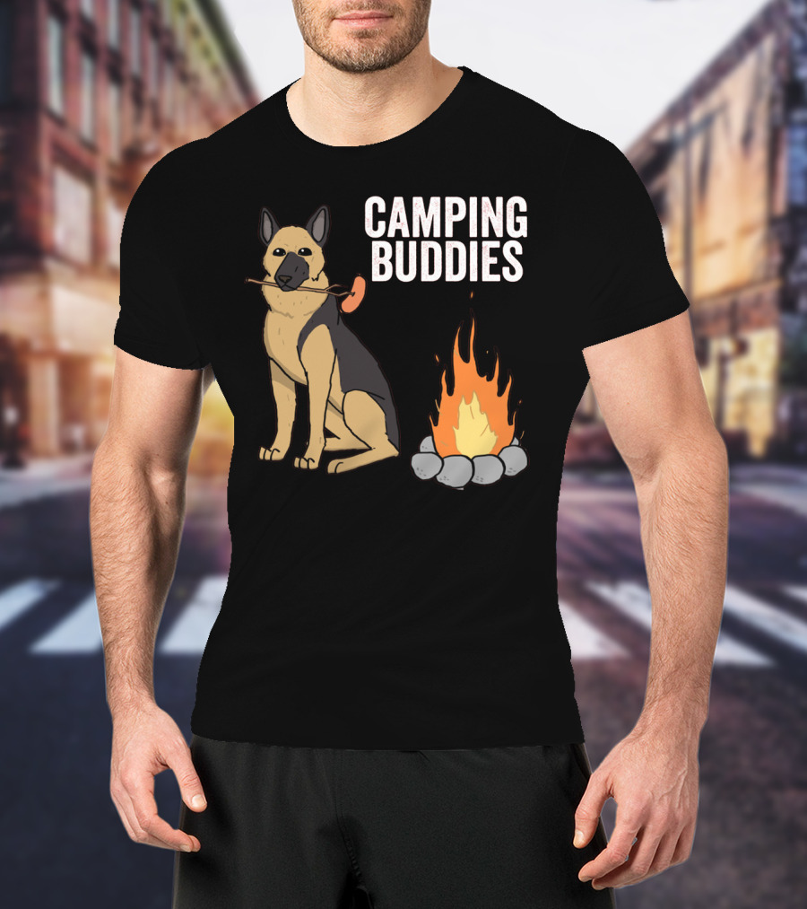 Camping Buddies German Shepherd Roasting By Campfire T-Shirt