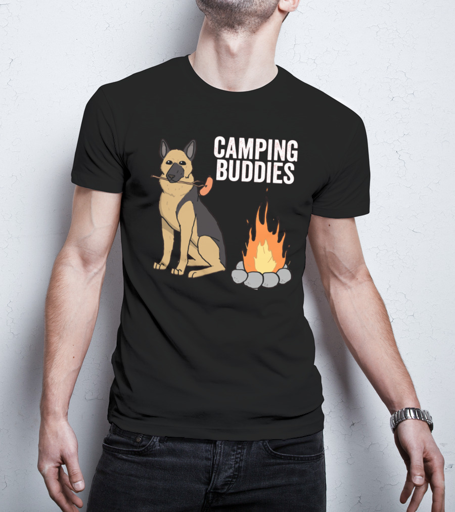 Camping Buddies German Shepherd Roasting By Campfire T-Shirt
