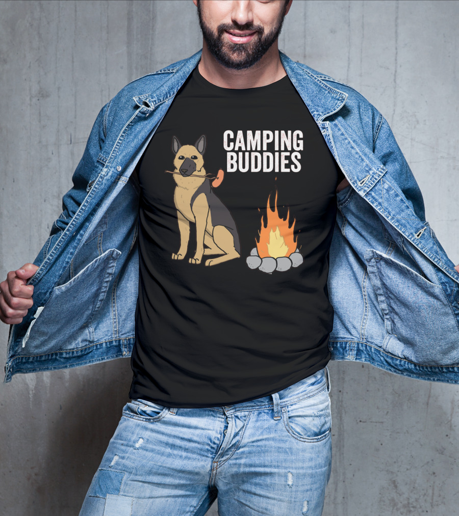 Camping Buddies German Shepherd Roasting By Campfire T-Shirt