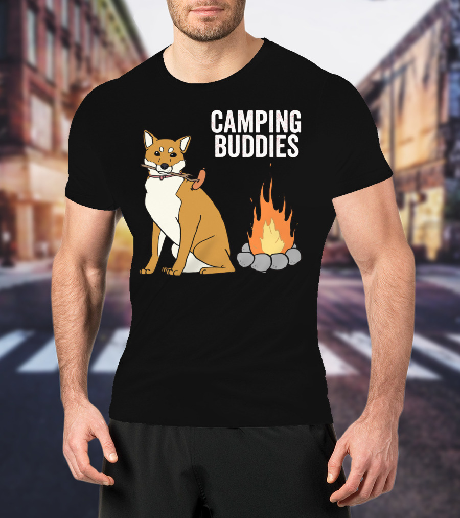 Camping Buddies Shiba Inu Roasting Sausage Near Campfire T-Shirt