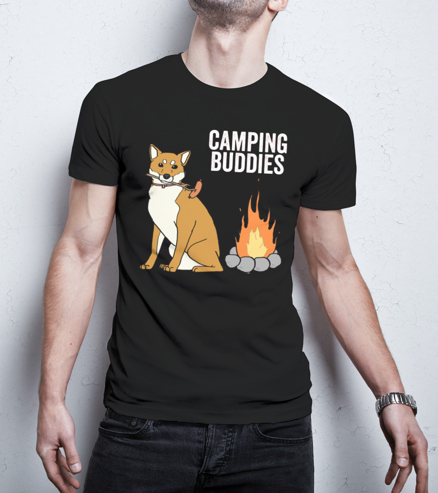 Camping Buddies Shiba Inu Roasting Sausage Near Campfire T-Shirt