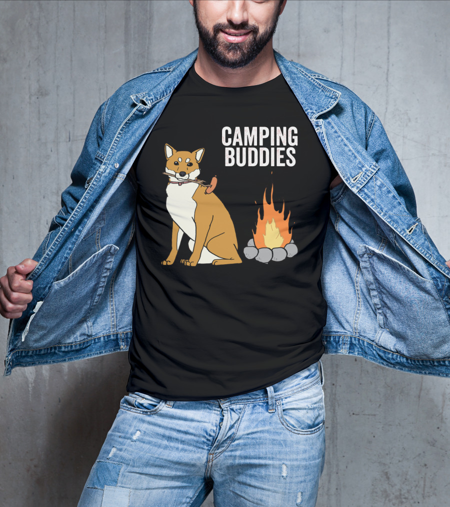 Camping Buddies Shiba Inu Roasting Sausage Near Campfire T-Shirt