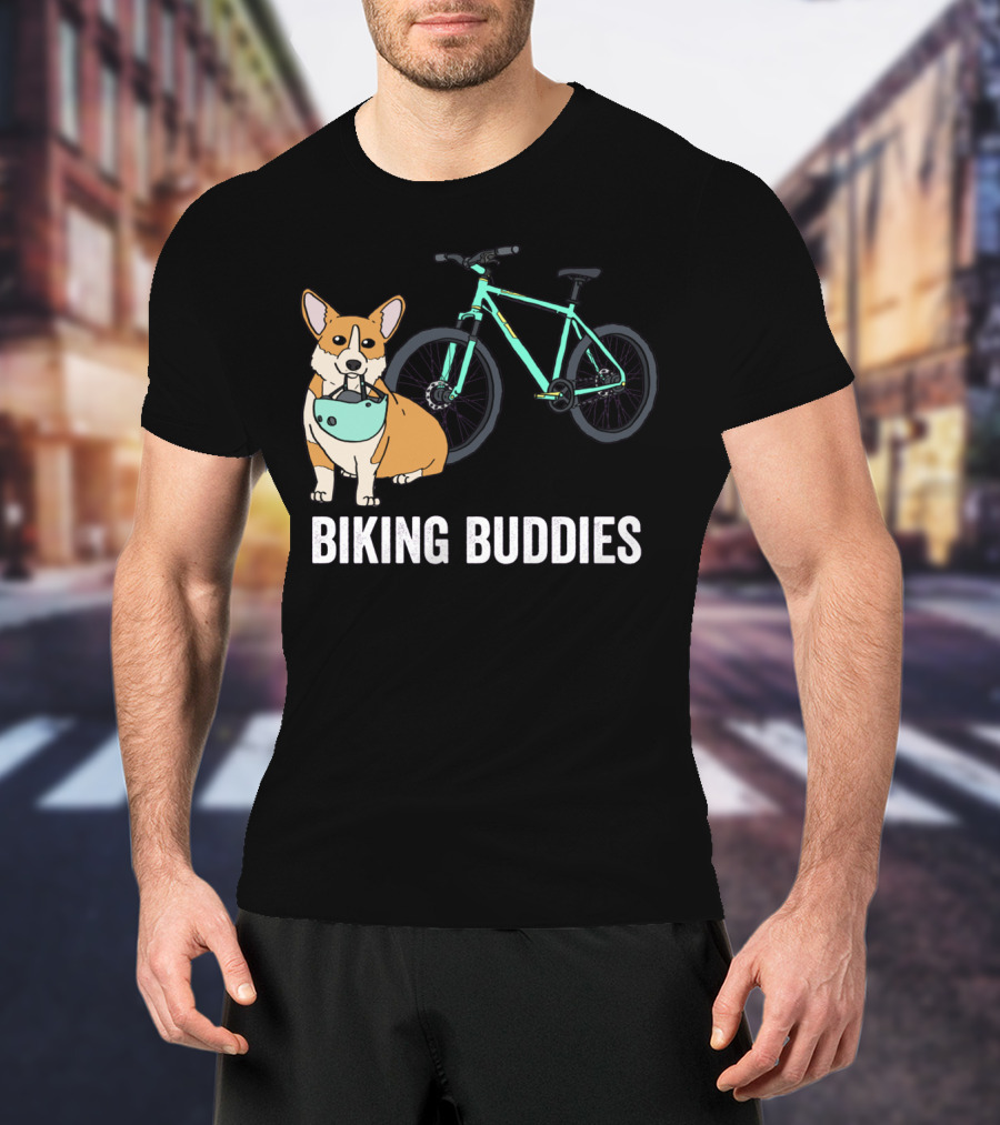 Corgi Biking Buddies With Bicycle Helmet And Mountain Bike T-Shirt