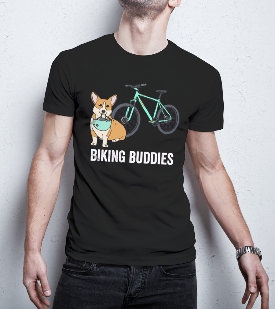 Corgi Biking Buddies With Bicycle Helmet And Mountain Bike T-Shirt