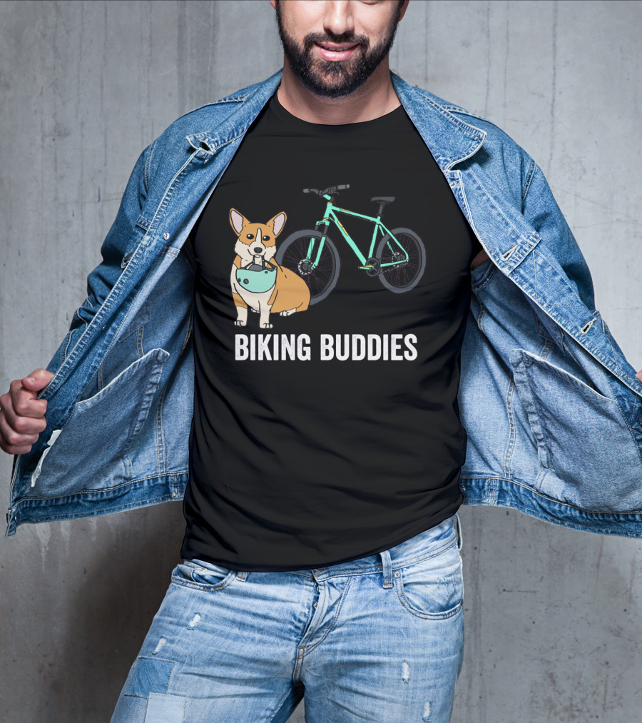 Corgi Biking Buddies With Bicycle Helmet And Mountain Bike T-Shirt