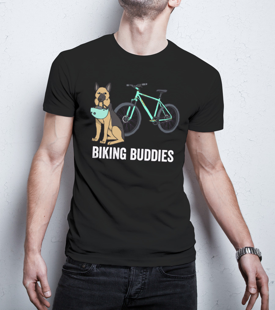 Biking Buddies German Shepherd With Bicycle Helmet And Bike T-Shirt