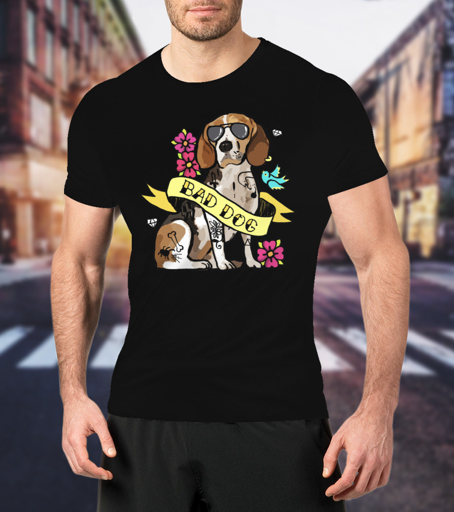Bad Dog Beagle With Sunglasses And Tattoos Surrounded By Flowers And Bird T-Shirt