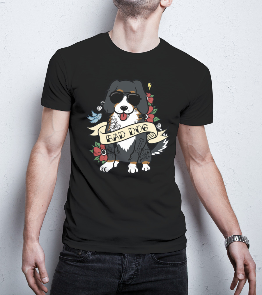 Bernese Mountain Bad Dog With Tattoos, Sunglasses, And Floral Accents T-Shirt