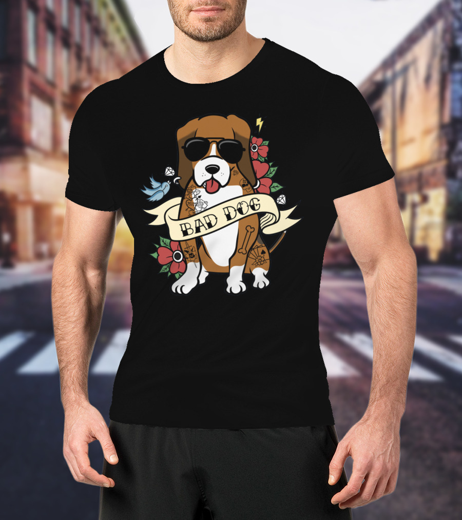 Bad Dog Basset Hound With Sunglasses And Tattoo Motifs T-Shirt