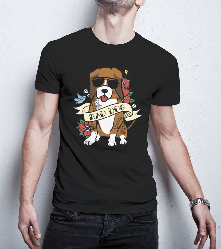 Bad Dog Basset Hound With Sunglasses And Tattoo Motifs T-Shirt