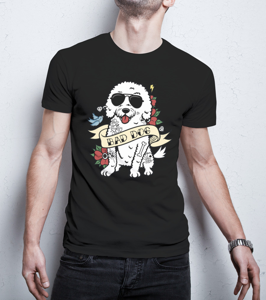 Bichon Frise Bad Dog With Sunglasses Tattoo And Flowers T-Shirt